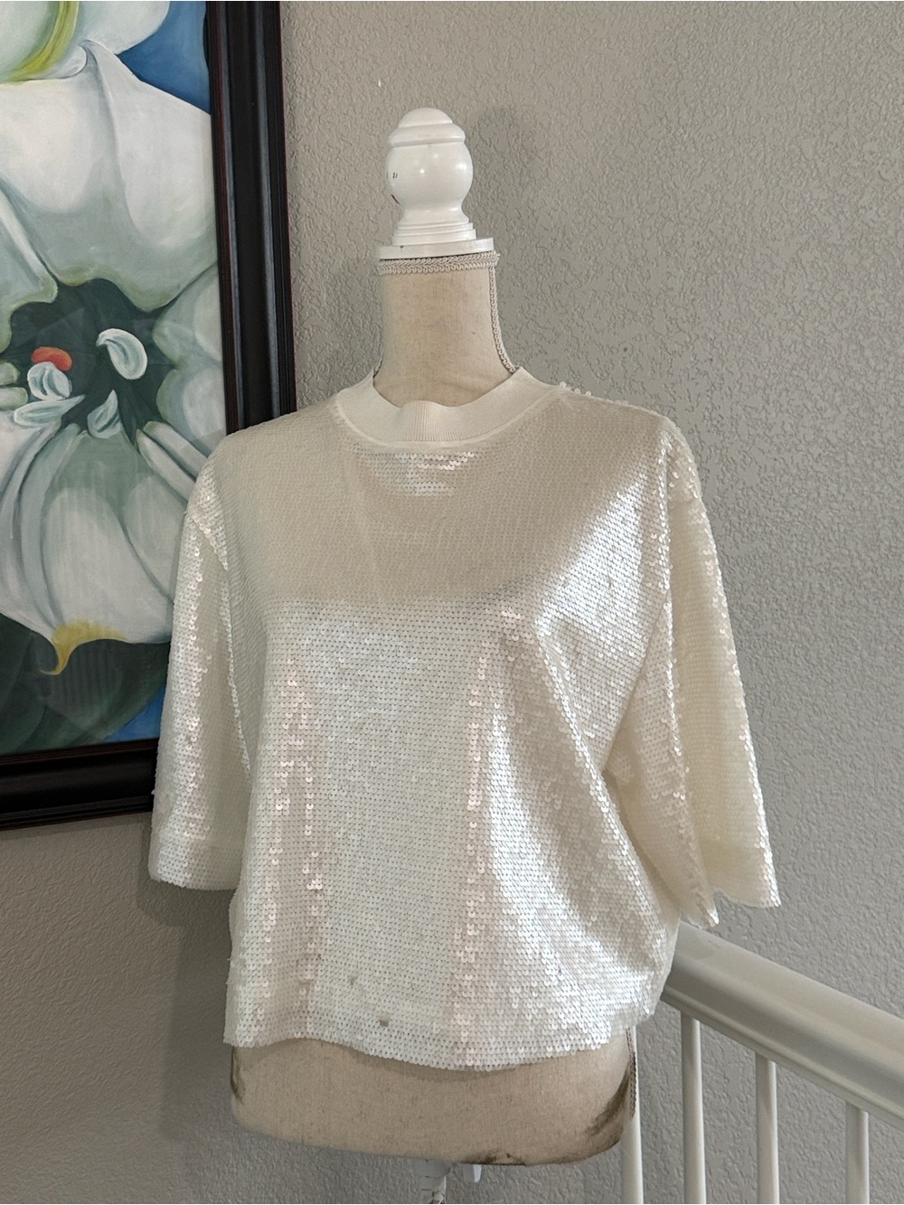 ALLSAINTS Juela Sequin T-Shirt Top Artic White Size Medium